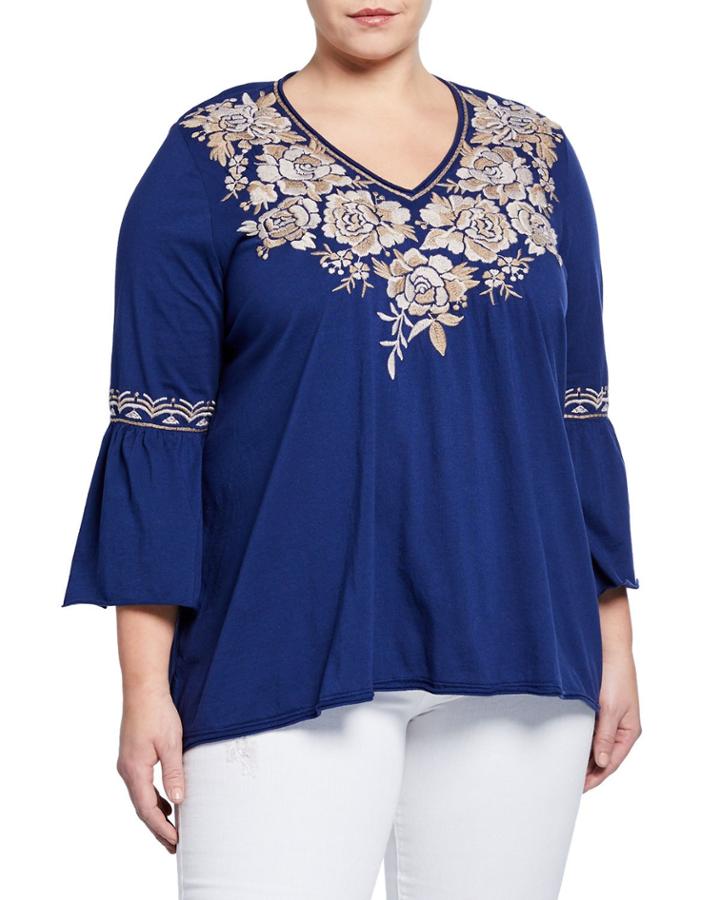 Embroidered Flute-sleeve Tee,