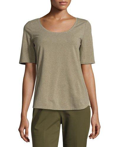 Chain-trim Scoop-neck Melange Jersey Top, Dark Green