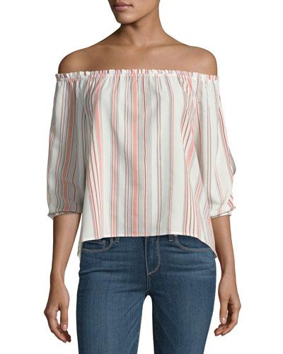 Boho Striped Off-the-shouler Top, White