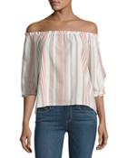 Boho Striped Off-the-shouler Top, White