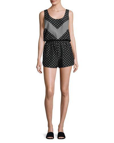 Chevron & Polka Dot All-in-one Romper Coverup, Black/white