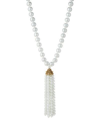 Long Pearly Tassel Necklace, White