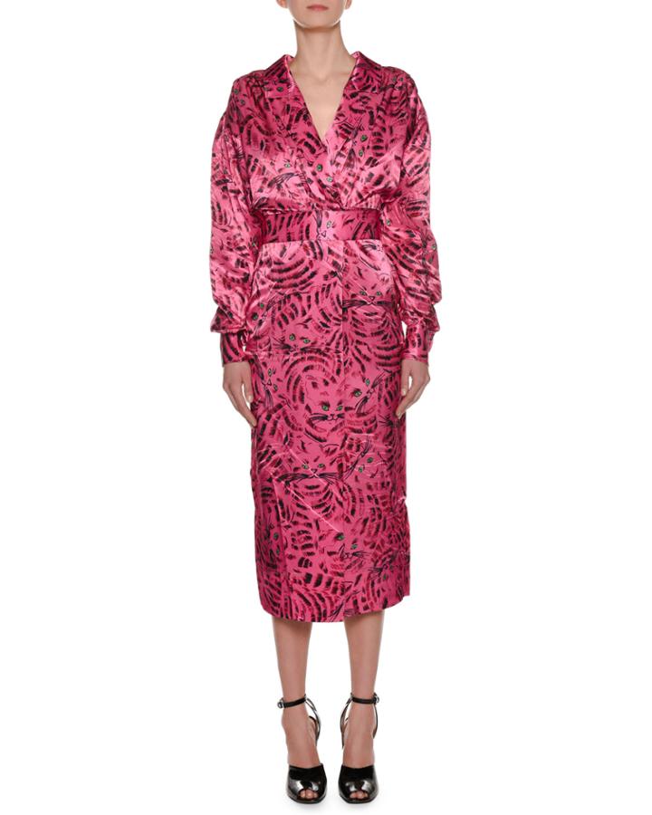 Long-sleeve Cat-print Reverse Satin Ankle-length Dress