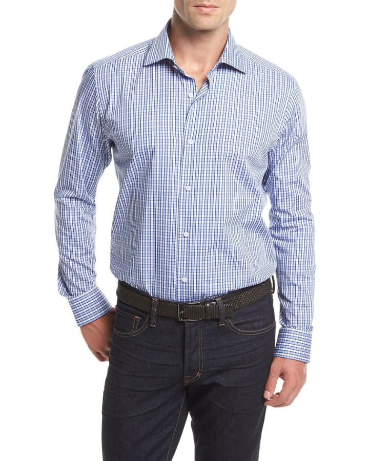 Small Check Long-sleeve Sport Shirt, White/blue
