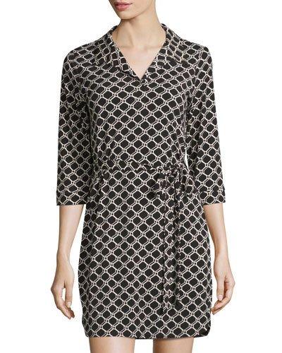 Honeycomb-print 3/4-sleeve Dress, Black/white