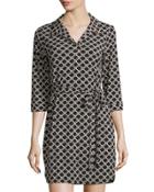 Honeycomb-print 3/4-sleeve Dress, Black/white