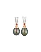 14k Two-tone Tahitian Pearl & Garnet Drop Earrings
