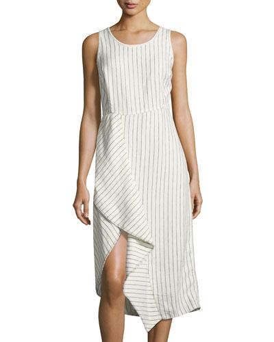 Pinstriped Scoop-neck Linen Dress, White/black