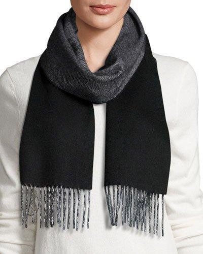 Cashmere Herringbone Fringe Scarf, Black/light Gray