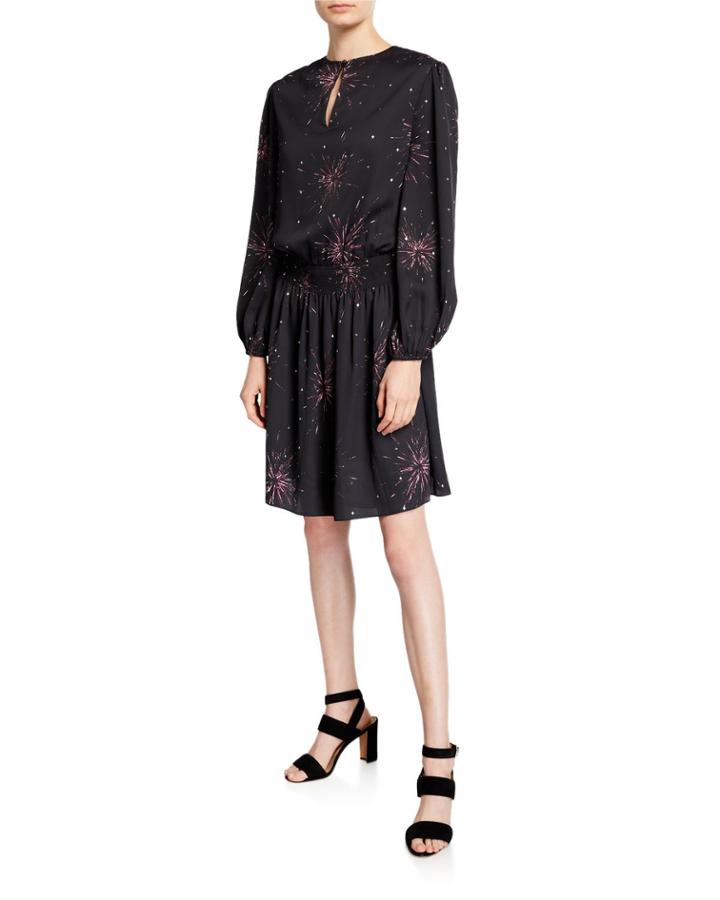 Ramia Smocked Long-sleeve Printed Dress