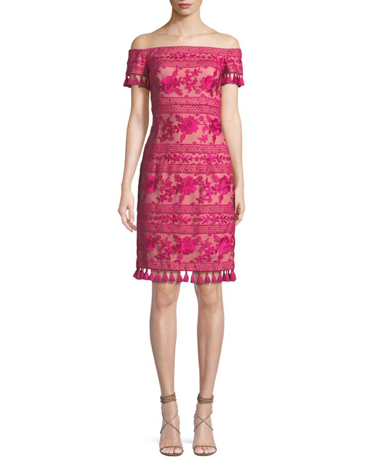 Embroidered Off-the-shoulder Tassel Cocktail Dress