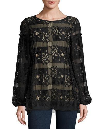 Long-sleeve Lace Blouse, Black/nude