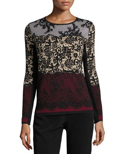 Long-sleeve Printed Knit Top, Black/red