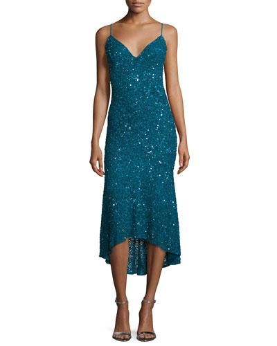 Sleeveless Beaded Midi Cocktail Dress, Peacock