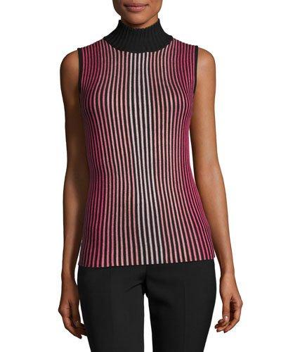 Ombr&eacute;-ribbed Mockneck Knit Top, Pink Pattern
