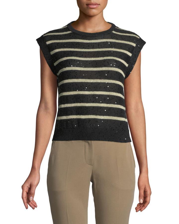 Striped Cap-sleeve Crop Linen/silk