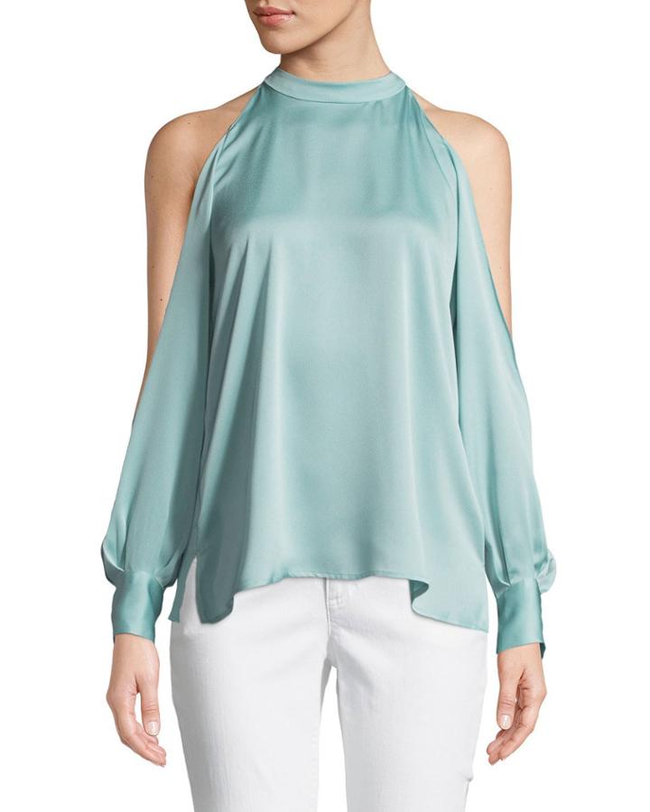 Crepe High-neck Cold-shoulder Blouse