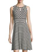 Striped Keyhole Crepe Dress, Black/white