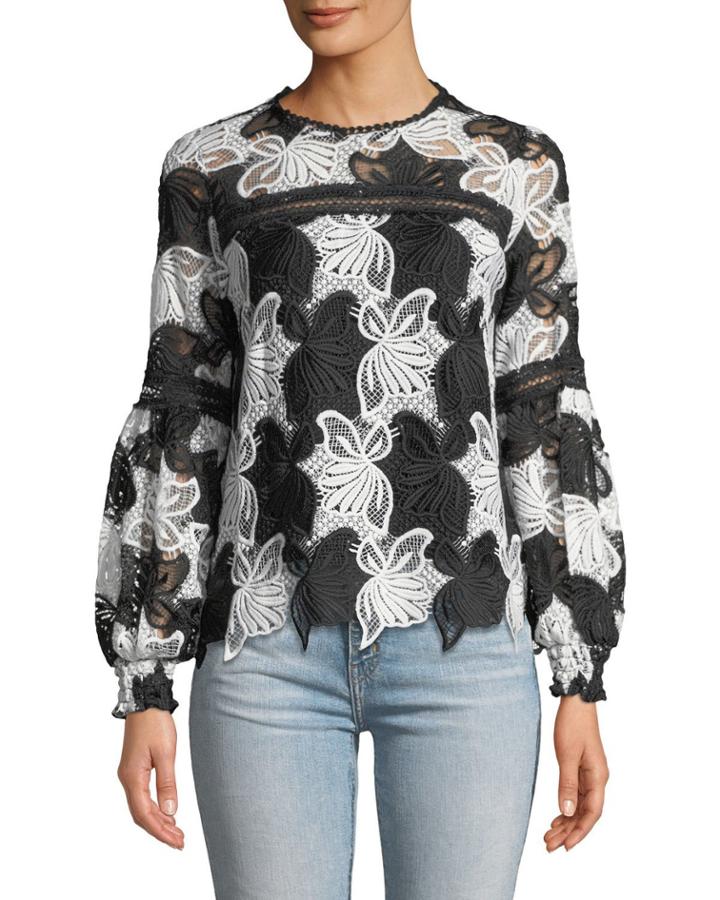 Floral Lace Bubble-sleeve Blouse