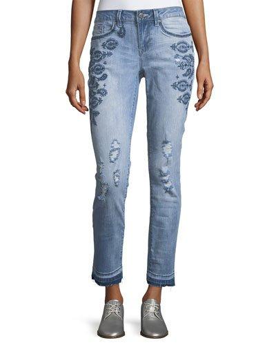 Unfinished-hem Embroidered Boyfriend Jeans