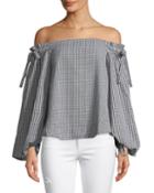 Off-the-shoulder Gingham Tie-sleeve Blouse