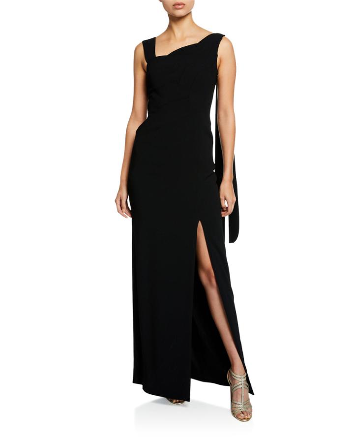 One-shoulder Scalloped-front High-slit Gown