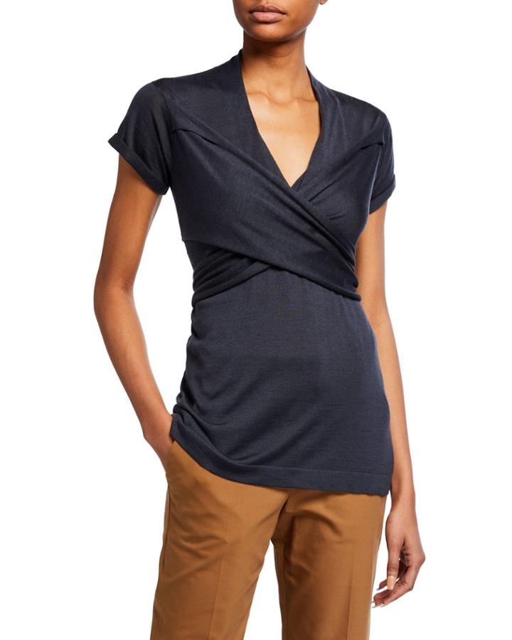 Short-sleeve Wrap Cashmere/silk Top