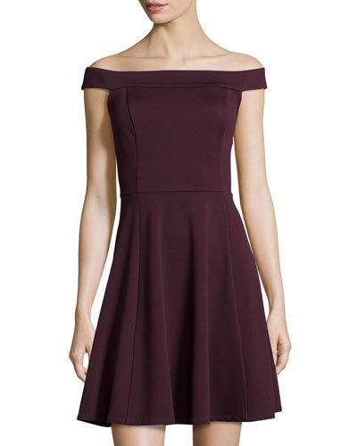 Off-the-shoulder Fit-and-flare Dress, Plum