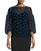 Oversized-sleeve Leaf Organza Blouse, Black/lapis