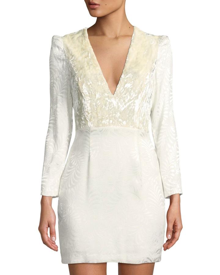 Velvet-bodice Long-sleeve Jacquard Mini Dress, Ivory