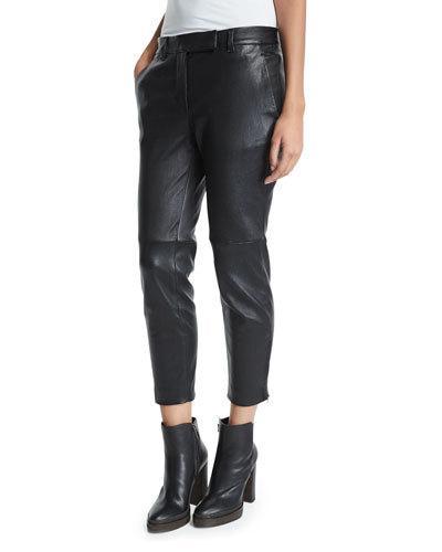 Skinny Cropped Leather Pants, Black