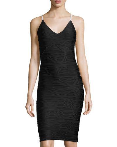 Wave-striped Sleeveless Bodycon Dress, Black