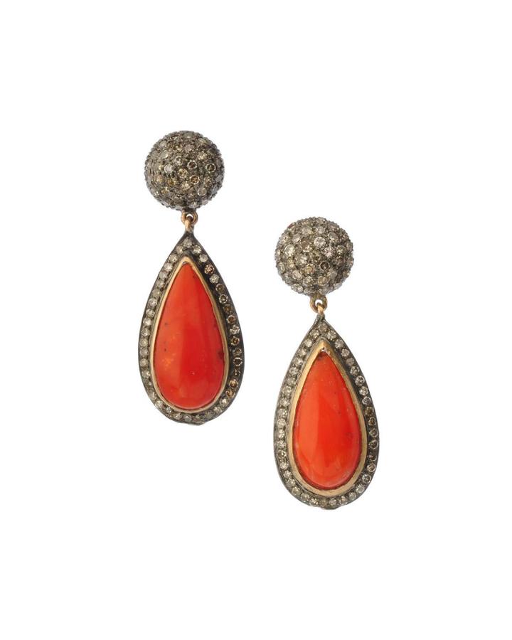 Black Silver Teardrop Earrings With Coral & Diamonds