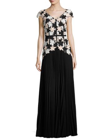 Nonee Cap-sleeve Lace Combo Gown, Black