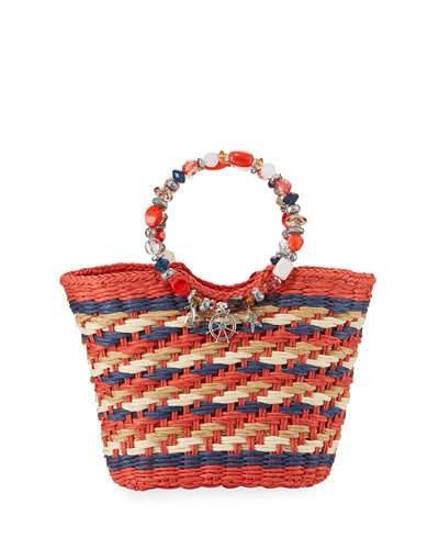 Beaded Ring Striped Straw Tote Bag, Red
