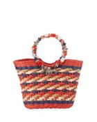 Beaded Ring Striped Straw Tote Bag, Red