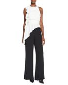 Sleeveless Peplum Colorblock Jumpsuit, Ecru/black