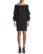 Off-the-shoulder Silk Shift Dress With Ruffled
