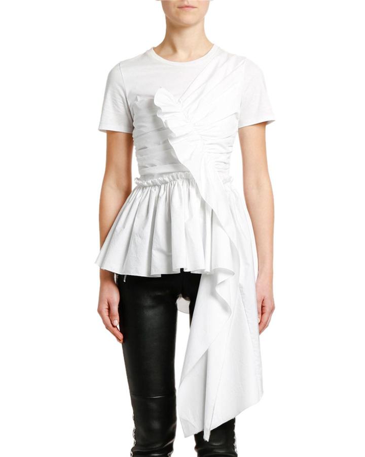 Ruffled Front Draped Cotton Jersey T-shirt