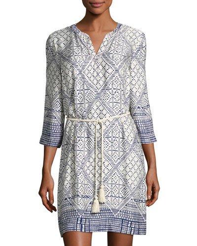 Geometric-print Belted Dress, Navy