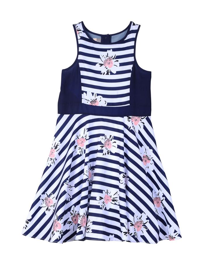 Striped & Floral Printed A-line Dress,