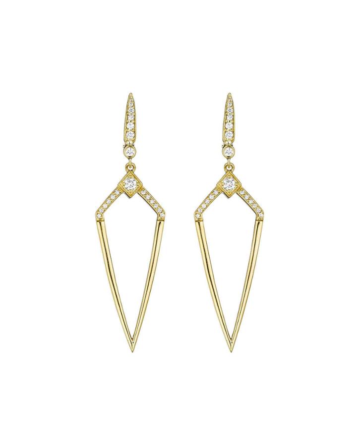 18k Yellow Gold Half Pave Diamond Shape Deco Earrings