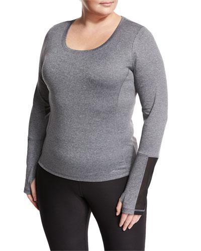 Diamond Mesh-inset Long-sleeve Performance Top, Gray,