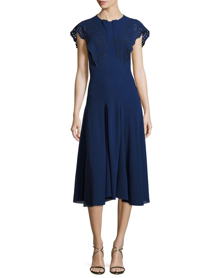 Eyelet Flutter-sleeve Midi Dress, Navy