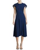 Eyelet Flutter-sleeve Midi Dress, Navy