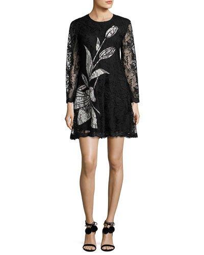 Avant Long-sleeve Floral Lace Cocktail Dress, Jet