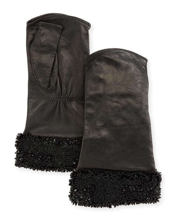 Fingerless Leather Gloves W/ Shiny Camo Beading Cuffs