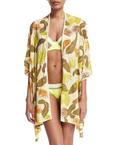 Rain-kissed Leaves Open-front Kimono Coverup,