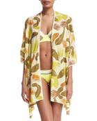 Rain-kissed Leaves Open-front Kimono Coverup,