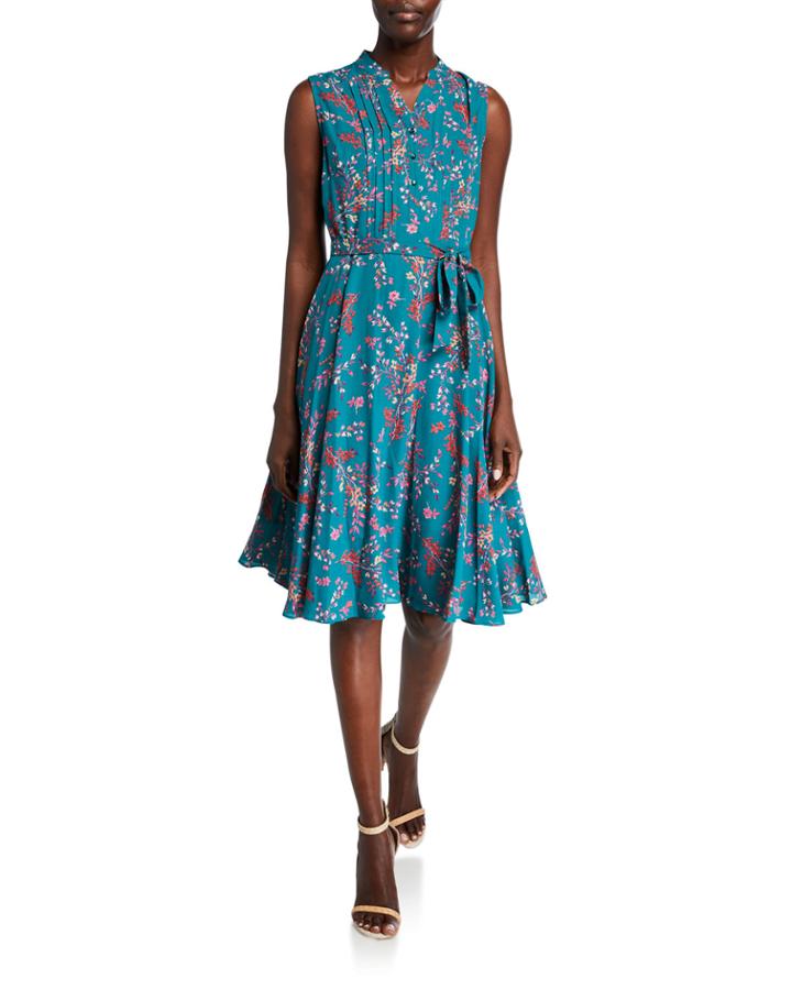Floral Sleeveless Pintuck Shirtdress With